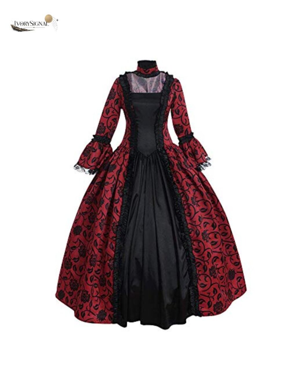 Victorian Satin Floral Print Ruffled High Neck Zipper Back Long Sleeve